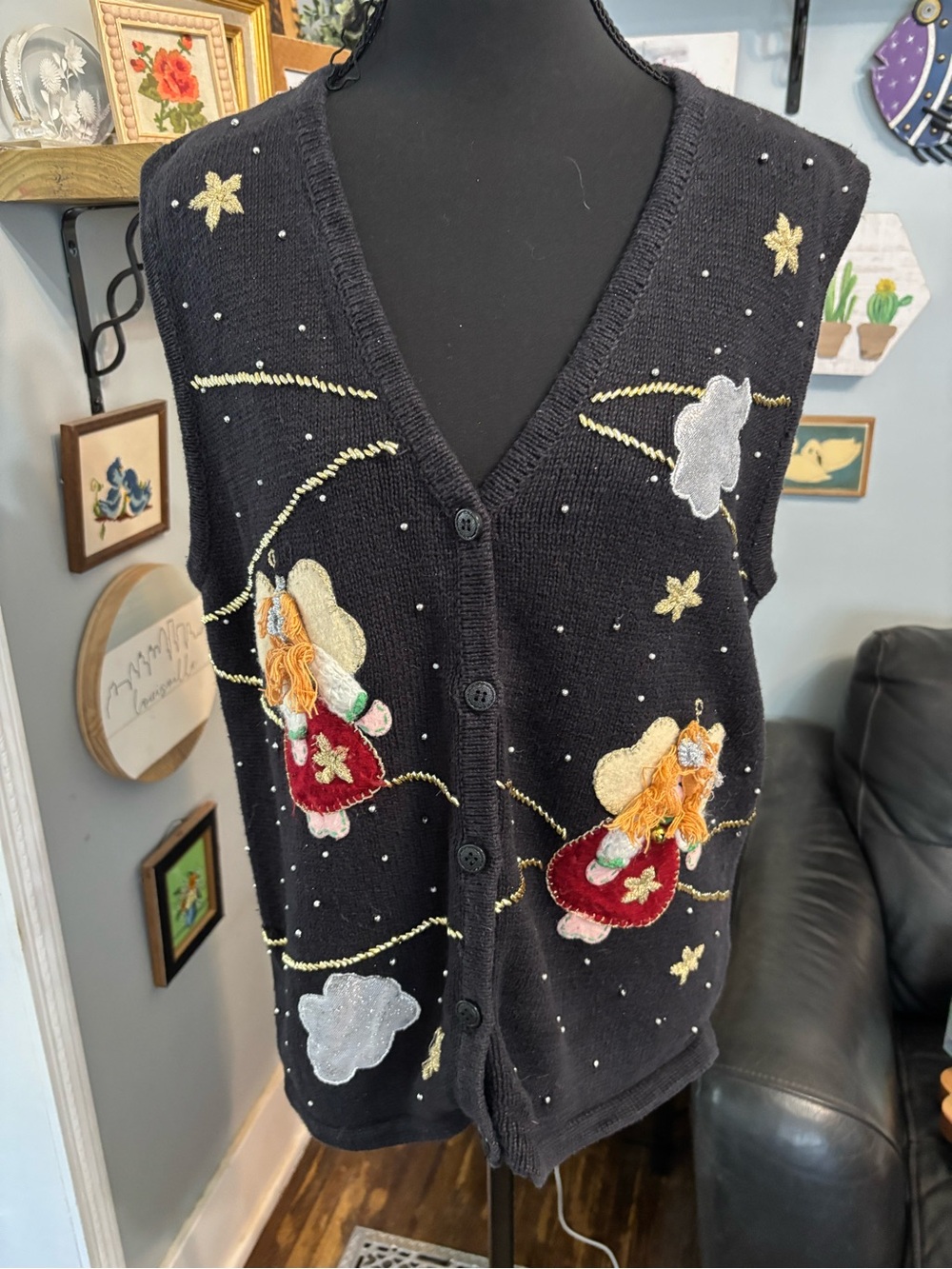 Vtg one resource womens M Christmas angels cardigan sweater vest stars clouds